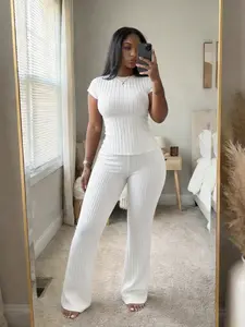 Women's 2026 Spring 2-Piece Stretchy Fabric Womenswear Set - Short Sleeve Top, High Waist Long Pants, Casual Lounge Outfit