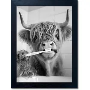 Framed Black and White Highland Cow Bathroom Decor, Funny Bathroom Wall Art, Cow Pictures in Toilet Decor, Animal Canvas Print Wall Art for Bathroom