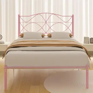 Twin Size Bed Frame, Pink Metal Bed Platform with Headboard, Sturdy Steel Slats Support, No Box Spring Needed/Noise-Free,Easy Assembly, Black