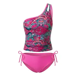 One Shoulder Tankini Swimsuit for Women Cutout Tummy Control Two Piece Bathing Suit Vibrant Pink Paisley Print Modest Swimwear High Waisted Side Tie Bottom Belly Flattering Set