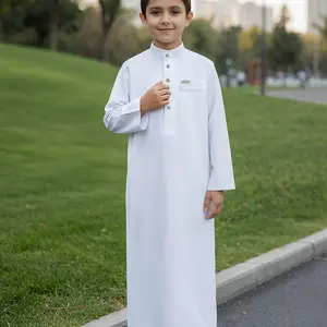Muslim Traditional Boy Stand Collar Thobe, Square Button Long Sleeve Side Pocket, Durable Ramadan Celebration Clothing