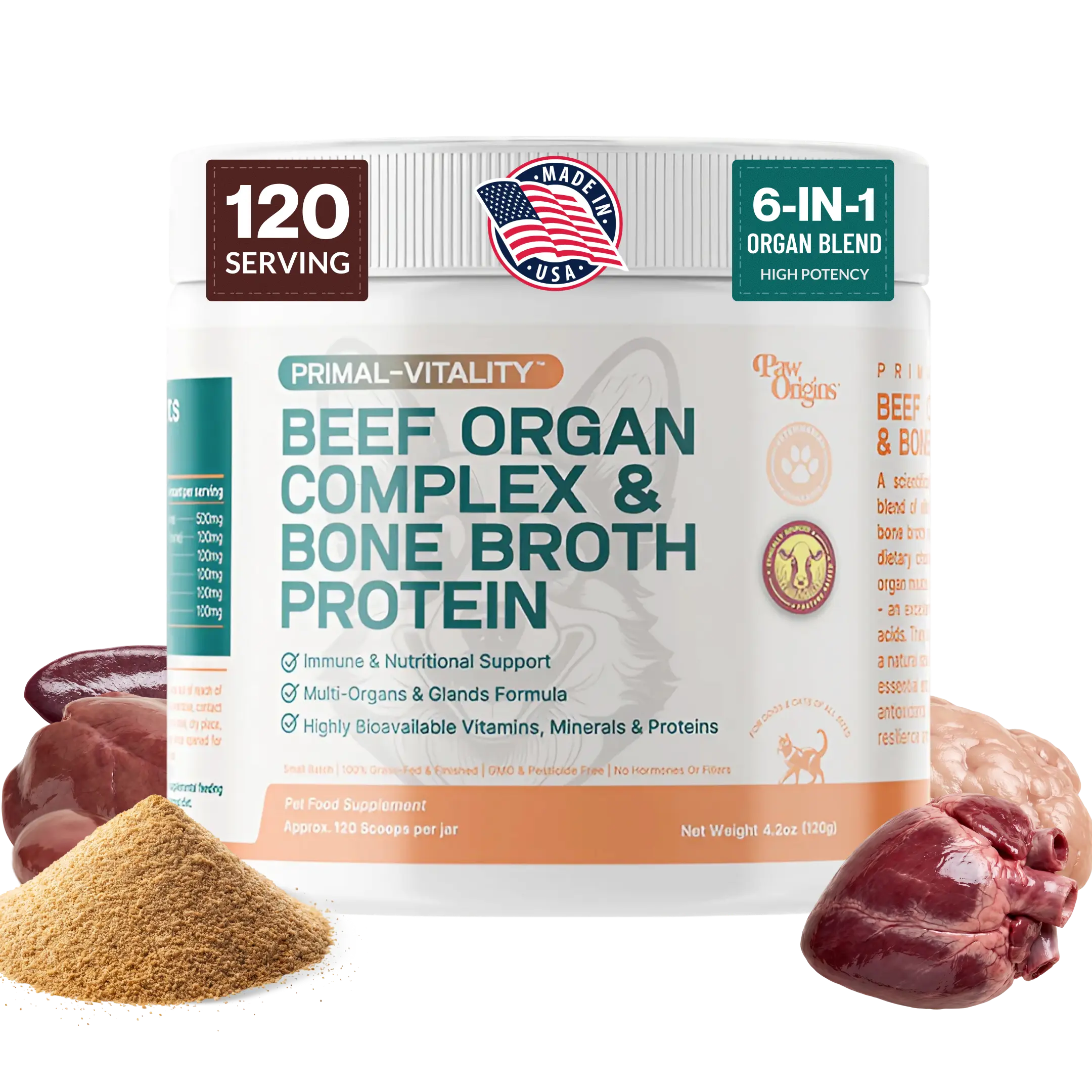 Paw Origins Primal-Vitality Beef Organ Complex & Bone Broth Protein Ancestral Nutrients For Dogs & Cats Healthcare Dietary Supplement