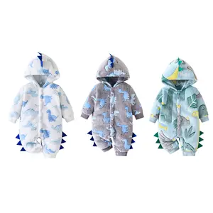 YSHWHWTS Baby Boy Winter Clothes Plush Hooded Romper Casual Dinosaur Pattern Front Button Long Sleeve Jumpsuit for Infant Toddler Fall Outfit