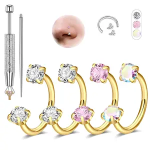 4PCS Stainless Steel Horseshoe Nose Rings Hoops, 20G Internal Thread Nose Rings For Women Men, Crystal Horseshoe Septum Lip Eyebrow Helix Daith Ear Piercing Jewelry, Includes Insertion Tool #SummerVibes
