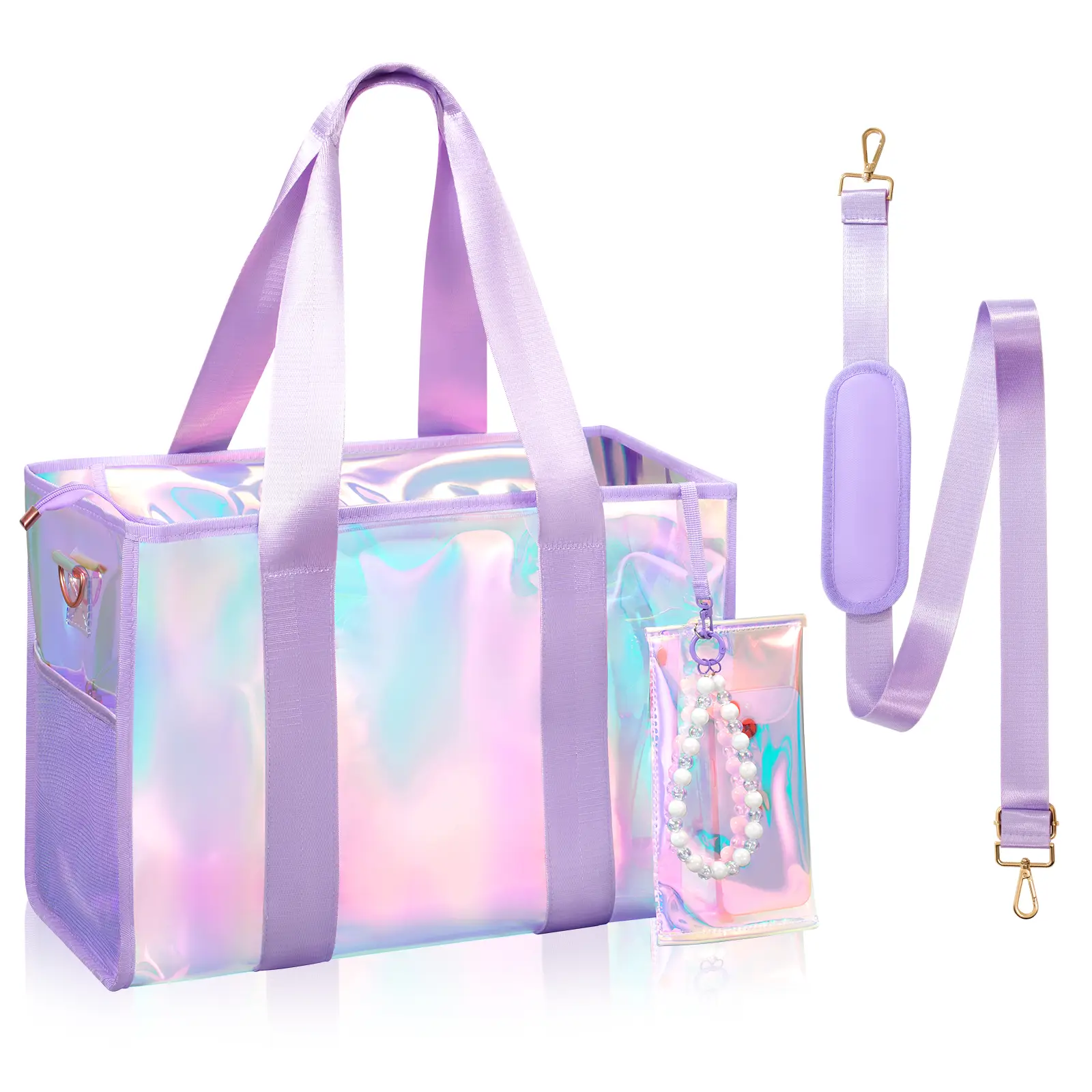 Iridescent Tote Bag 26L Large Waterproof Clear shouler Bag for Women with Zipper & Phone Pouch Tip-Proof Crossbody Bag Beach Bag travel bag