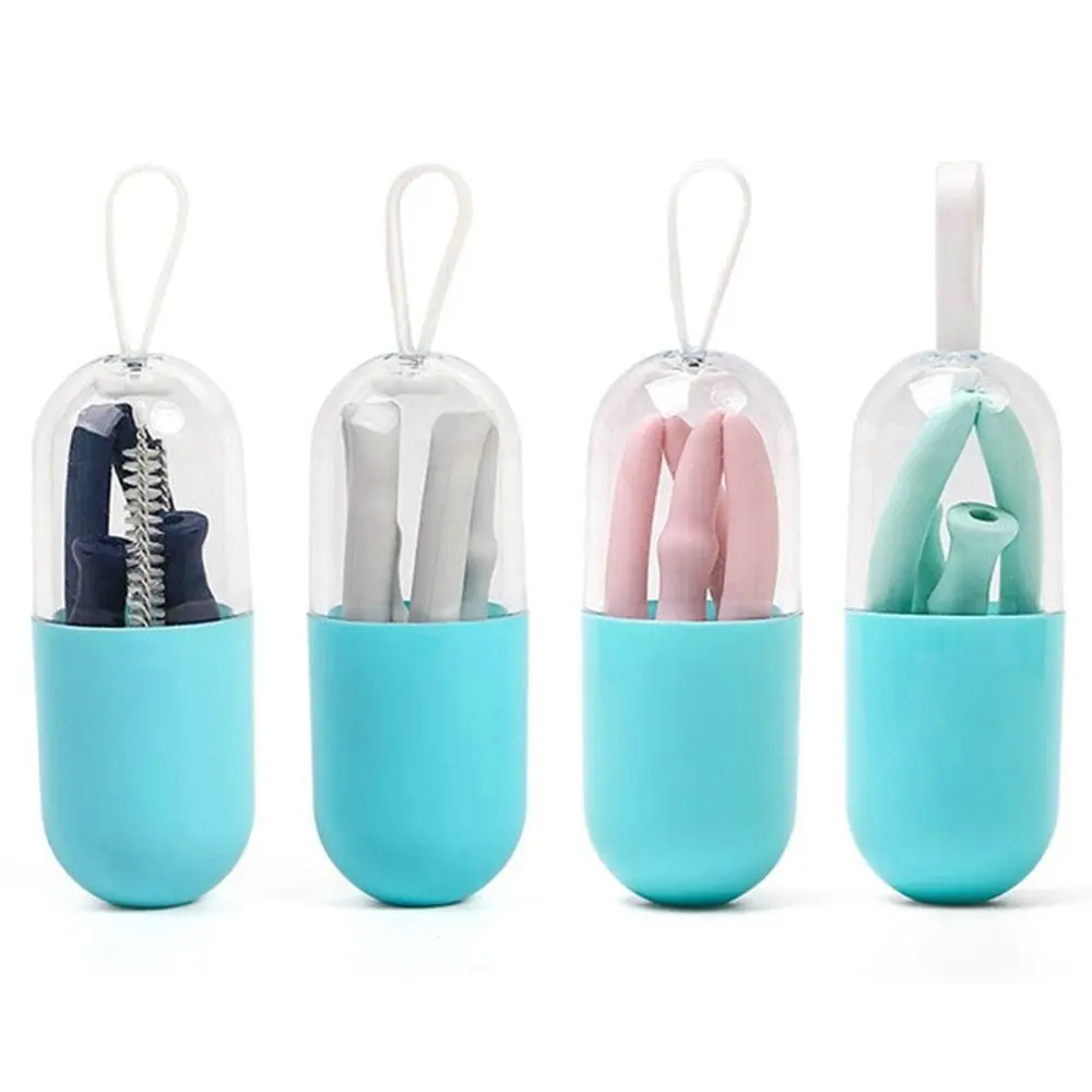 Collapsible Silicone Foldable Reusable Straw with Carrying Case and Cleaning Brush Travel Home, Office Drink Kitchen Accessories Drinkware Portable