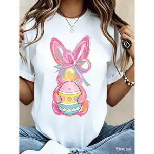 Women's Easter T-Shirt | Easter Bunny with Pink Bow & Colorful Swirls Print | Perfect for Spring & Holiday Outfits