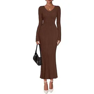 ZESICA Women's 2026 Fall Sweater Dress Long Sleeve V Neck Ribbed Knit Party Cocktail Bodycon Maxi Dresses