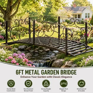 6ft Metal Arch Backyard Garden Bridge Safety Siderails Arc Footbridge Deco Landscape Walkway Metal Framework for Yard Stream Pond Creek Outside Lawn Ornament Classic Elegant Pathway Bronze