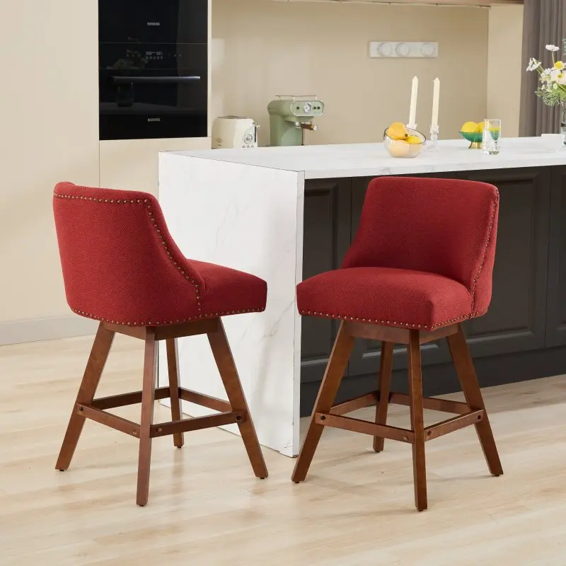 Bellemave 2-Piece Armless Swivel Dining Barstools, 26 in Seat Height, Wine Red Upholstered Fabric, Curved Back, Thick Cushion, 360-Degree Swivel, High-Quality Rubber Wood Gaming Vanity Chairs, Swivel Dining Chair, Without Arms