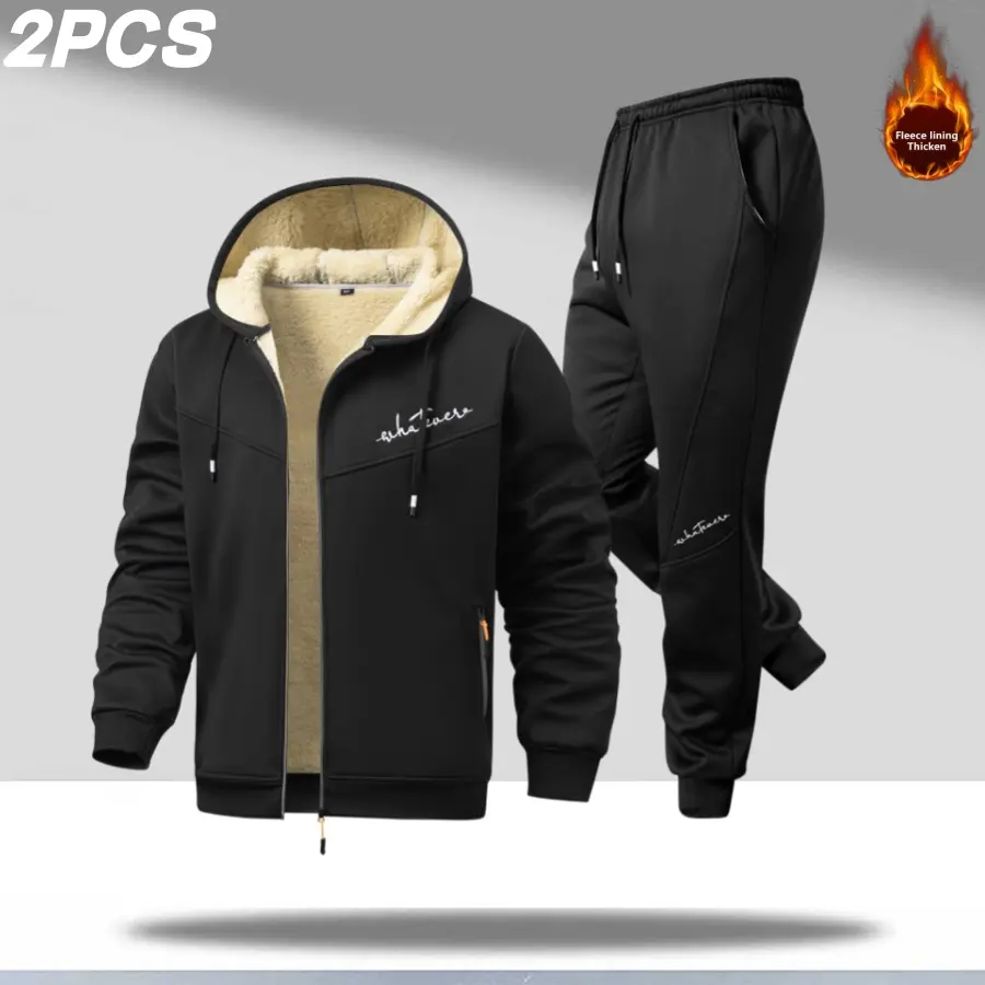 Men's 2-Piece Fleece Hooded Casual Set - Thick Plush Lined Long Sleeve Polyester Zip-Up Jacket with Zippered Pockets, Embroidered Letter Jogger Sweatpants, Menswear for Back to School, Leisure, Autumn & Winter