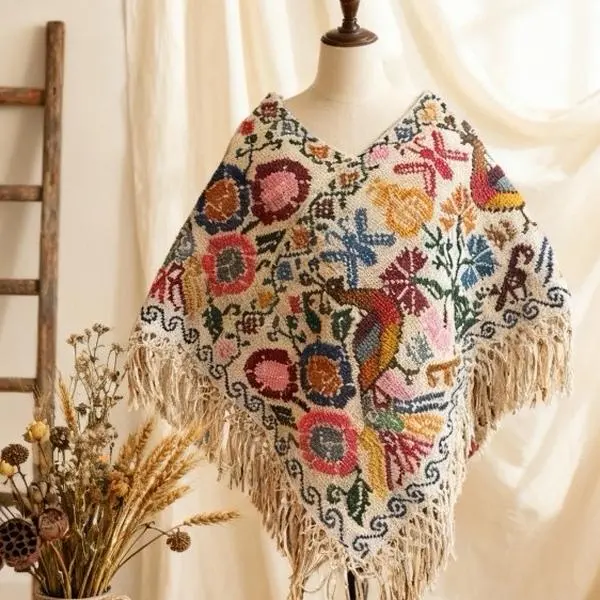 Handmade Poncho - Unique Hand Embroidered Design with Pedal Loom Weaving, Casual Coat Accessory - Jackets, Coats