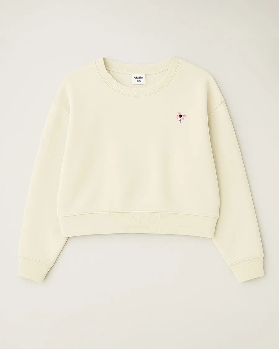 Women's Oversized Cropped Sweatshirt with Drop Shoulders, Casual Embroidered Crewneck Top in Breathable Ribbed Cotton, Round Neck, Soft, Tops, Elegance, Cotton Blend, Crop Length, Embroidered Logo, Machine Washable
