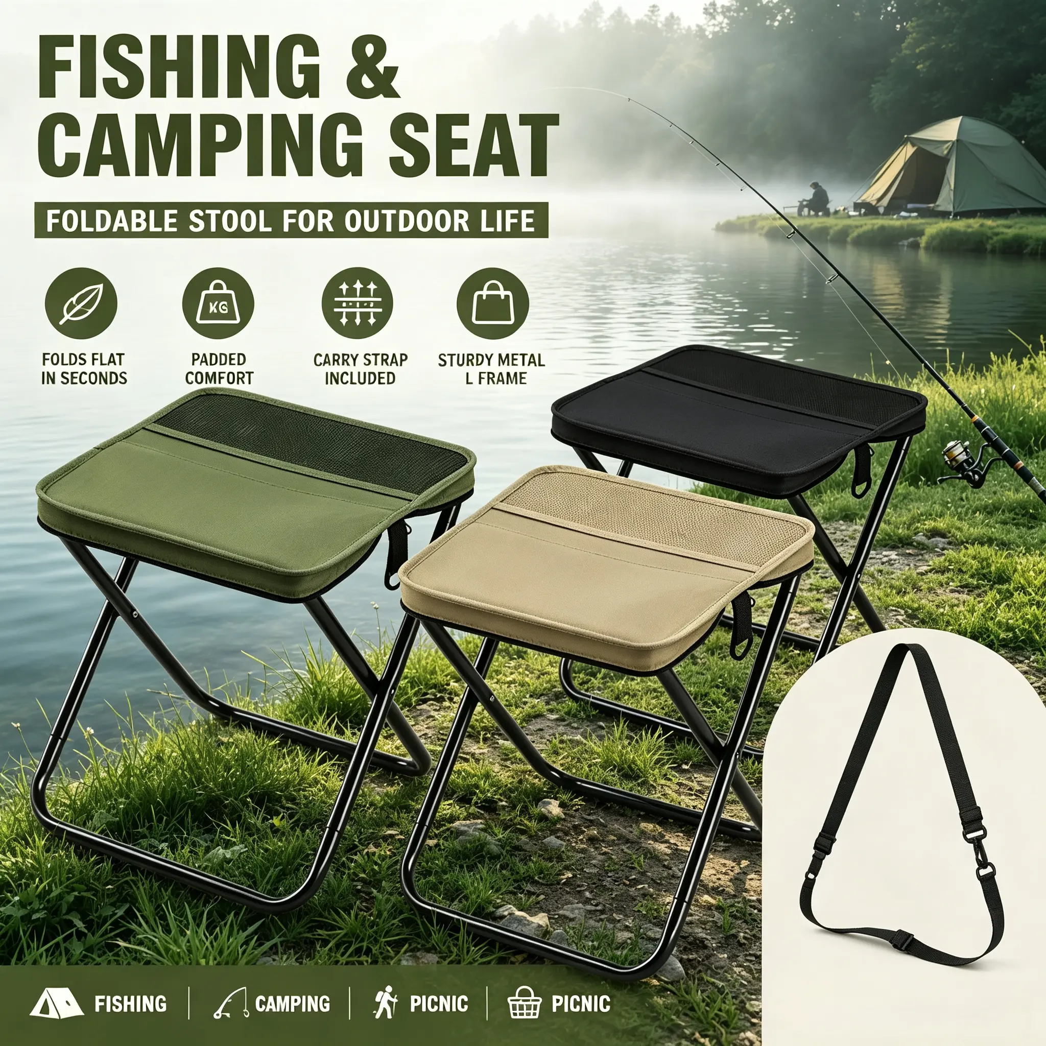 2Pcs Portable Fold Stool Heavy Duty Waterproof Cloth Foldable Bench Outdoor Travel Park BBQ 120KG Load Bearing Anti-Slip Legs Anti-Collapse