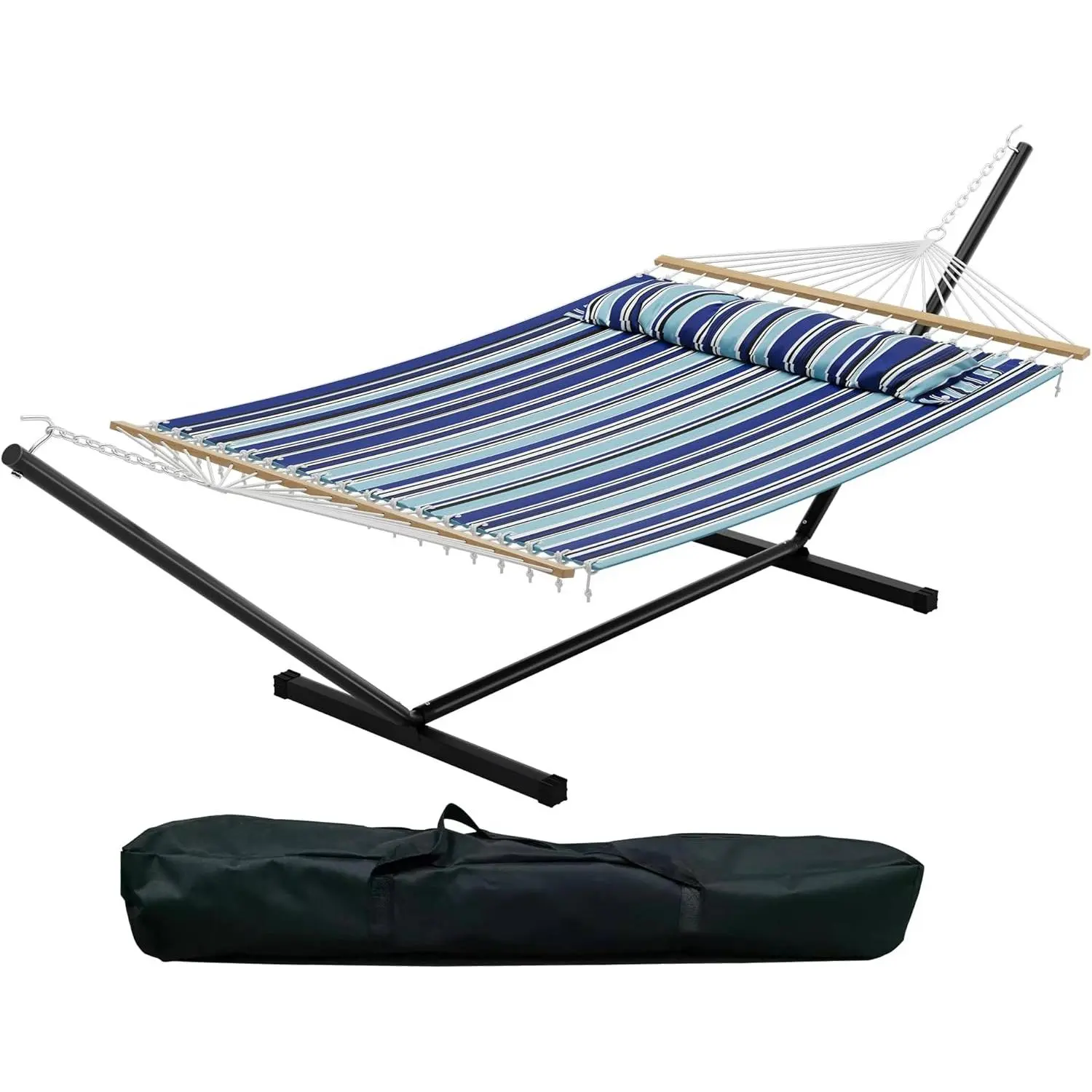 57-Inch Sturdy Cotton Double Hammock Set for Couples - 2-Person, Heavy-Duty Metal Stand, Carry Bag, Widening Design, 450 lbs Capacity, for Relaxation, Sunrooms, Children, Indoor/Outdoor Use