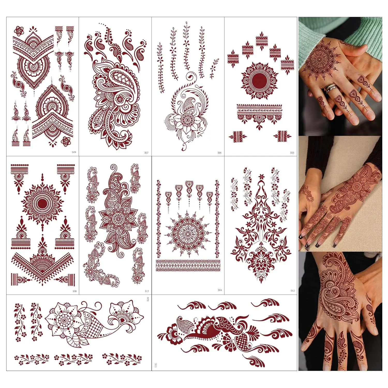 10 Sheets Brown Henna Kit, Lace Fake Tattoos Semi Permanent Stickers Waterproof Henna Stickers for Women Wedding Party Festival Tattoos Decorations(Henna Tattoo) 538