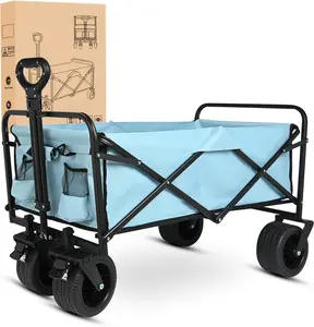 Foldable Wagon - 300lbs Collapsible Garden Carts with All Terrain Wheels for Outdoor Camping Sports Shopping Gardening - Heavy Duty Portable Utility Trolley (Blue)