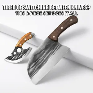 Ultra Sharp Hand Forged Kitchen Knife Set 2-Piece, High Carbon Steel Full Tang Butcher Cleaver & Boning Knife, Ergonomic Handle Chef Knife for Home Cooks, Daily Cooking, Slicing & Chopping, Great Housewarming & Holiday Gift for Family & Friends