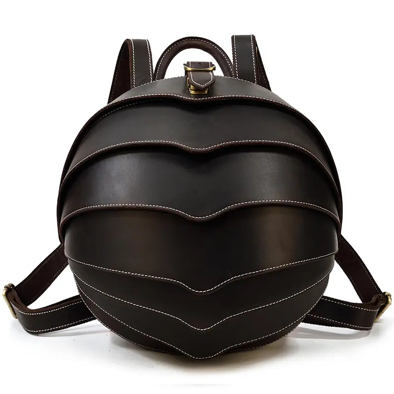 Vintage genuine leather creative backpack, personalized beetle backpack, round school bag for men and women, crazy horse leather, top-grain cowhide