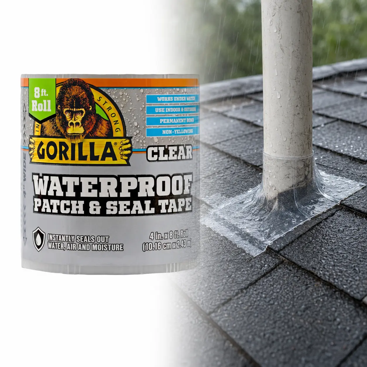 Gorilla 8 ft. Waterproof Patch and Seal Tape Clear, 4 Inch Wide Seal Tape, Works Underwater, Instantly Seals Water Air Moisture, Permanent Bond, UV Resistant, For Roofing Gutters RVs Pool Liners, Use on Plastic Metal Wood Glass.