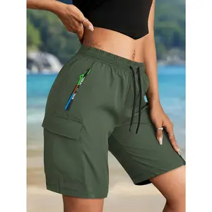 Women's Trending Olive Green Cargo Shorts - Lightweight Quick-Dry Ripstop Fabric | Functional Pockets (Including Zippered Security Pockets) | Adjustable Drawstring Waist | Hiking/Travel/Casual Wear Activewear Athletic