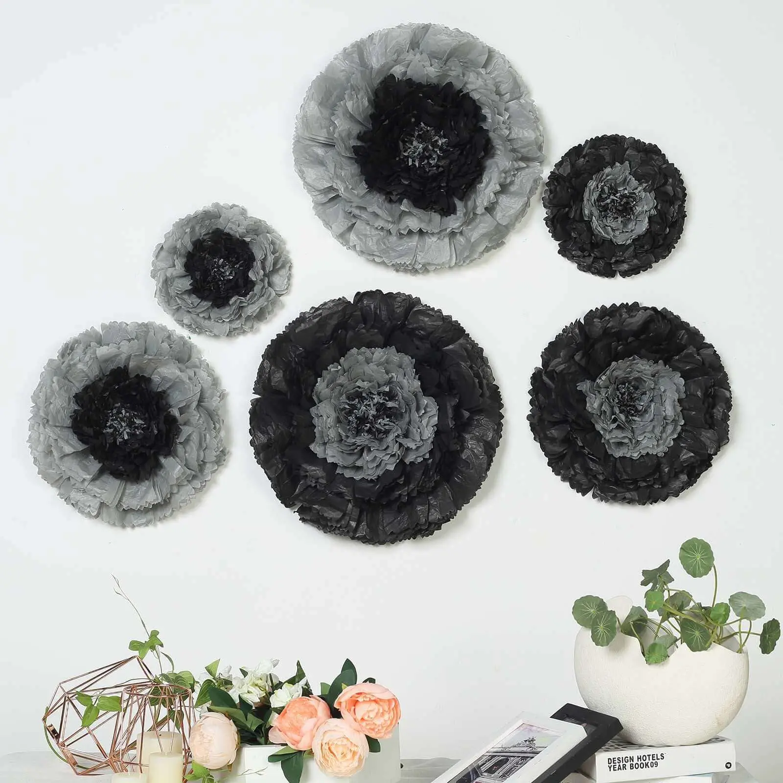 Giant 3D Effect Artificial Paper Carnation Wall Decor Set - 6 Pieces Multi-Size (12in-16in-20in) Charcoal Gray House Decoration for Baby, Bridal Showers, Floral Decor