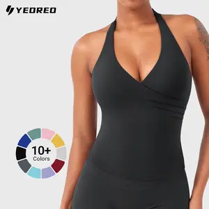 YEOREO Womens Halter Tank Tops Workout Impact Longline Strappy Top Padded Deep V Neck Wrap Gym Backless Bra Camisole