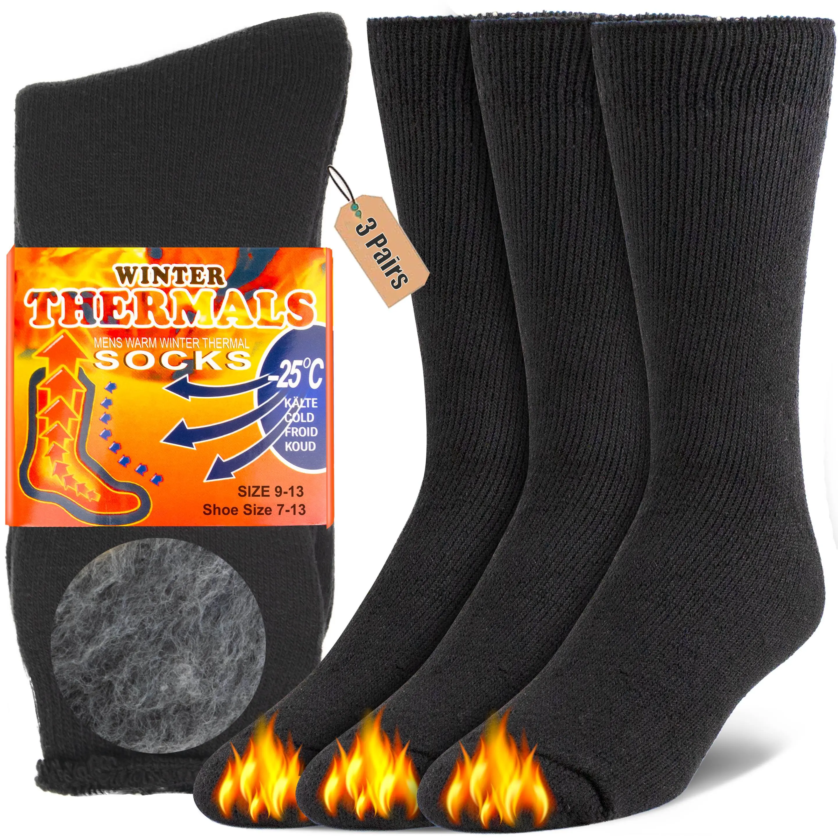 NevEND 3 Pairs Mens Heavy Duty Thermal Boot Socks Winter Warm Insulated Heated Cotton Wool Work Crew Thick Warm Socks 7-12 Menswear Underwear thermal underwear