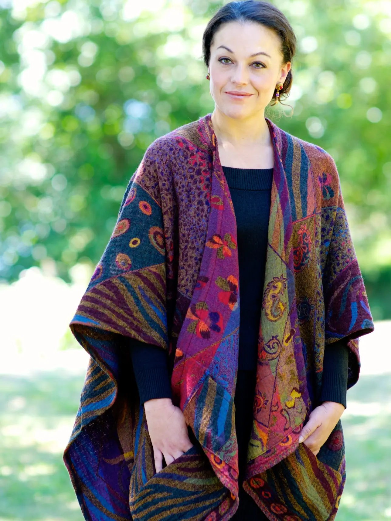 BOILED MERINO Wool Poncho Sweater in Reversible colors with pockets,Abstract Design Bright plum, purple, red,green, jewel tone + FREE Bag Winter Floral