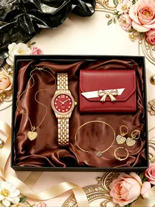 7pcs Mother's Day Gift Set, Luxury Jewelry Watch Box, Watch Necklace Earrings Ring Bracelet Wallet, Elegant Practical Gift, Matching Jewelry Set