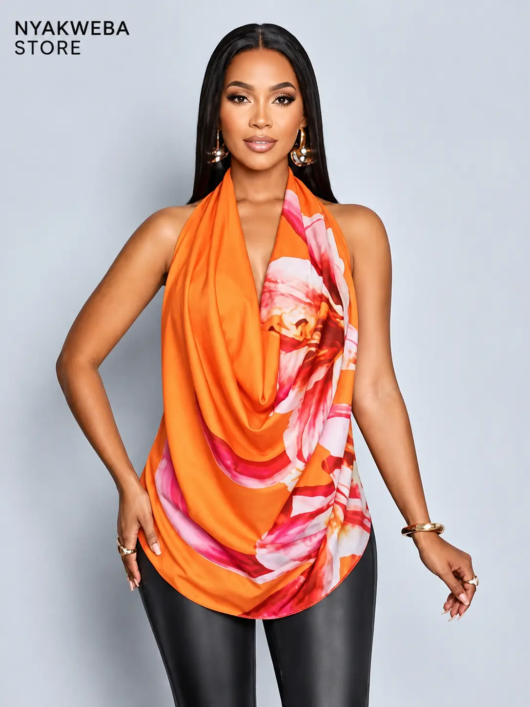 NYAKWEBA Women's Floral Print Halter Neck Top – Cowl Neck Backless Scarf Top Cami, Summer Vacation & Night Out Party Blouse