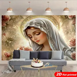 Virgin Mary Religious Tapestry Wall Hanging, 2D Flat-Printed with Rose Halo Design, Wooden-Accented Church Backdrop & Photo Prop, Home Decor for Bedroom, Ideal Gift for Homeowners