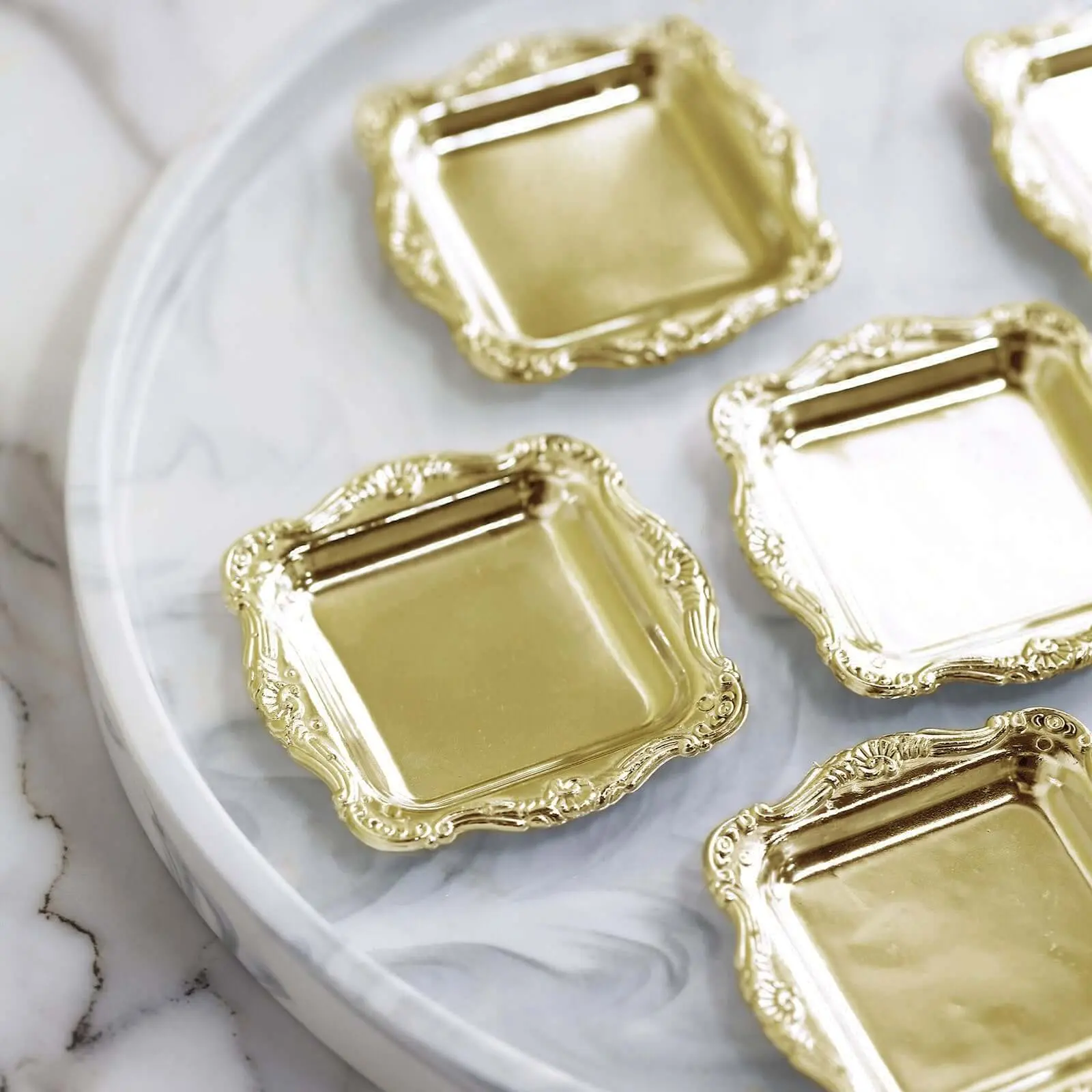 12-Pack Gold Baroque 3" Mini Square Plates, Kitchenware Tableware Food Trays for Party Use, Platters for Serving Food Party