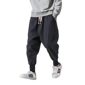 Men's casual pants Cotton Linen Harem Pants Men Solid Elastic Waist Streetwear Joggers 2024 New Baggy Drop-crotch Pants Casual Trousers Men