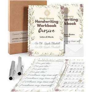 (R) Grooved Cursive Handwriting Workbook Kit - Large Cursive Workbook for  8-12 and Adults, Magic  Grooved Handwriting Practice, Letters Words & Affirmations, Cursive Charm, 9.8"x7"