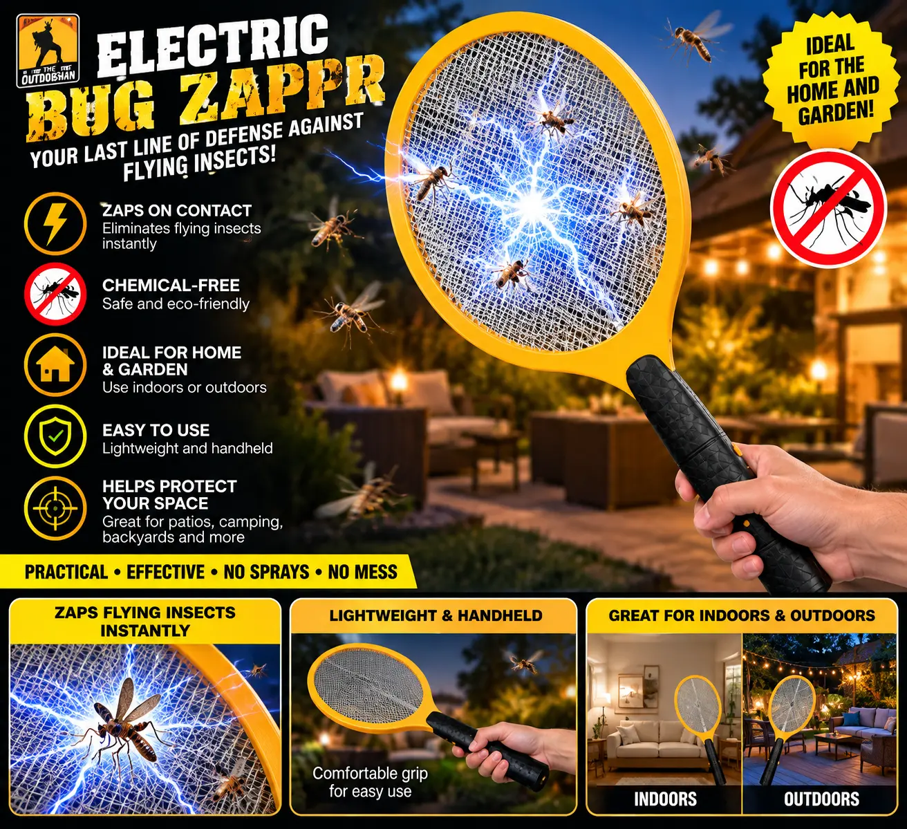 $49.99 MSRP Electric Bug Zapper Racket – Handheld Indoor & Outdoor Insect Killer