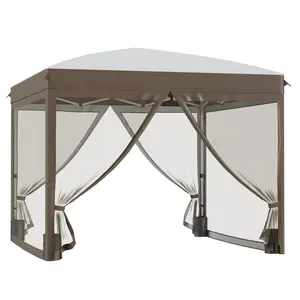 Outsunny 10' x 10' Pop Up Canopy Tent with Netting, Instant Sun Shelter, Tents for Parties, Height Adjustable, with Wheeled Carry Bag and 4 Sand Bags for Outdoor, Garden, Patio, Cream