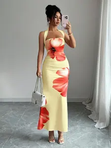 Women's Printed Halter Neck Sleeveless Slim Fit Dress, Elegant and Stylish Design, Perfect for Special Occasions, High-Quality Material