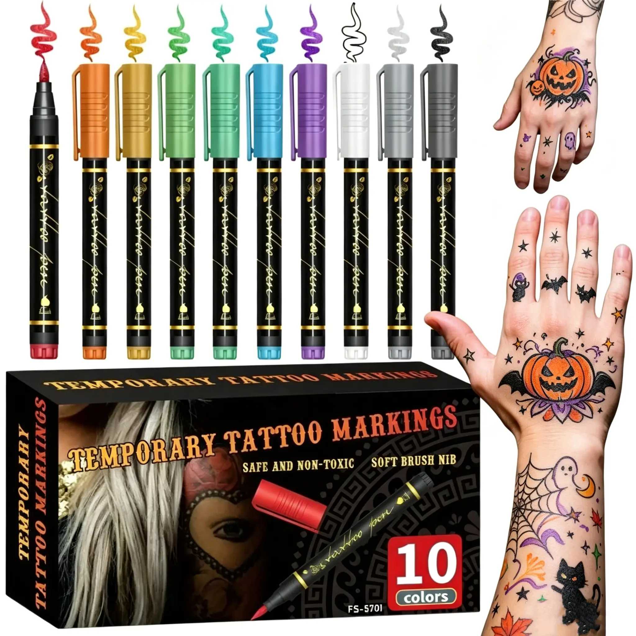 Temporary Tattoo Markers for Skin, 10 Body Markers + 1 Tattoo Stencils, Flexible Brush Tip, Bright colors, Cosmetic Quality Face Paint Kit, Halloween Christmas makeup Temporary Tattoo