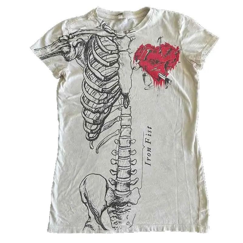2000s summer punk style T-shirt skull print women's dark round neck slim fit top retro Halloween Womenswear Tshirt