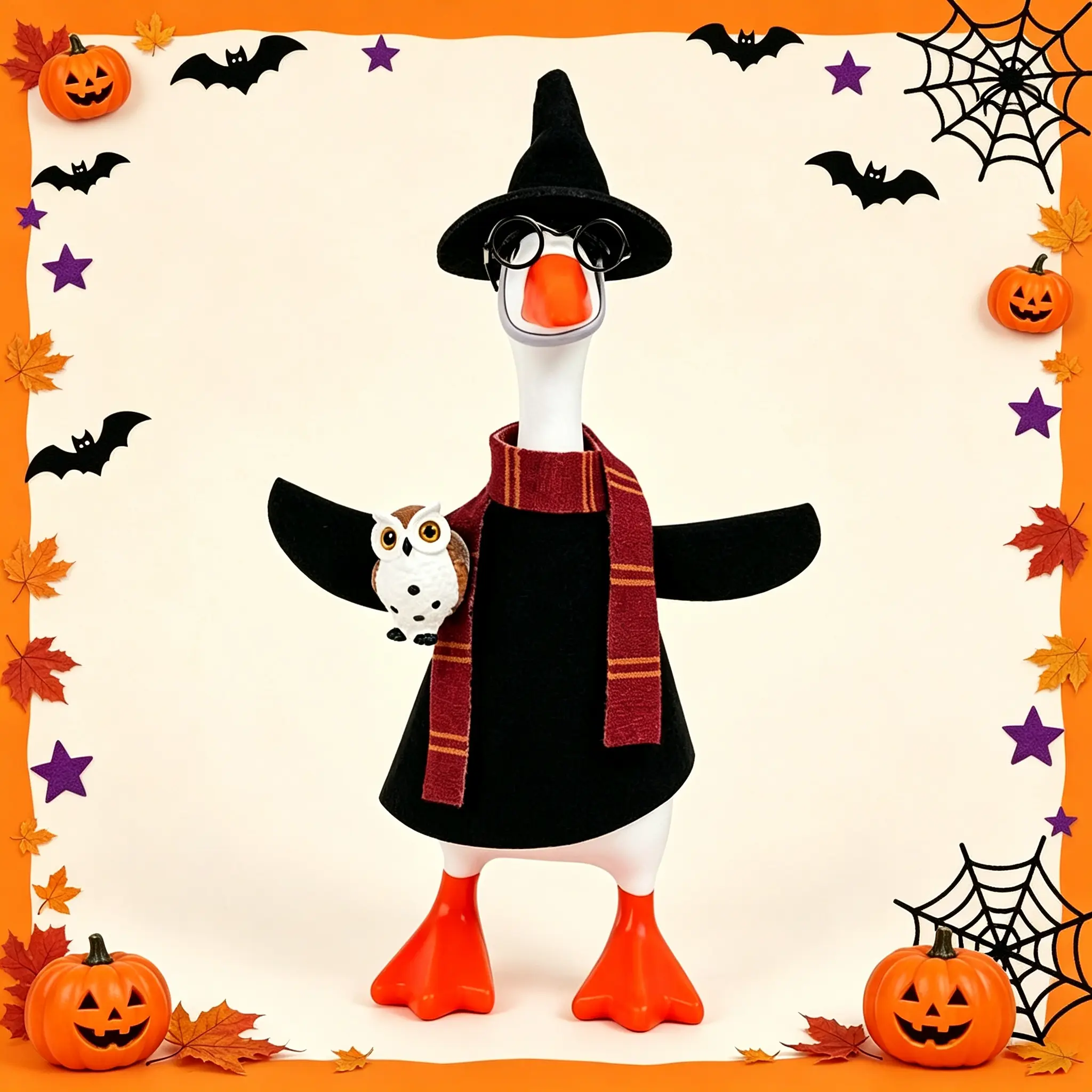 4Pcs 7In Halloween goose costume set, wizard outfit set, including felt striped scarf robe, hat, glasses and mini owl accessories.