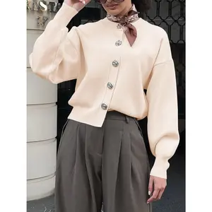 Womens Button Up Cardigan Sweaters Fall Trendy Long Lantern Sleeve Knit Crew Neck Sweater Jacket