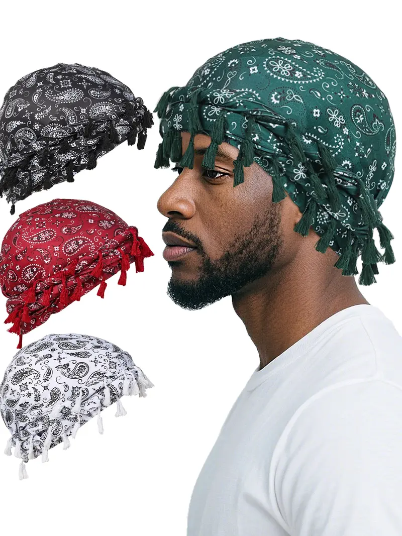 Men's Turban, Unisex Paisley Print Double-layer Turban with Unique Braided Design, Versatile Headwrap for Casual & Outdoor Activities, Black / White, Tassel Design Turban