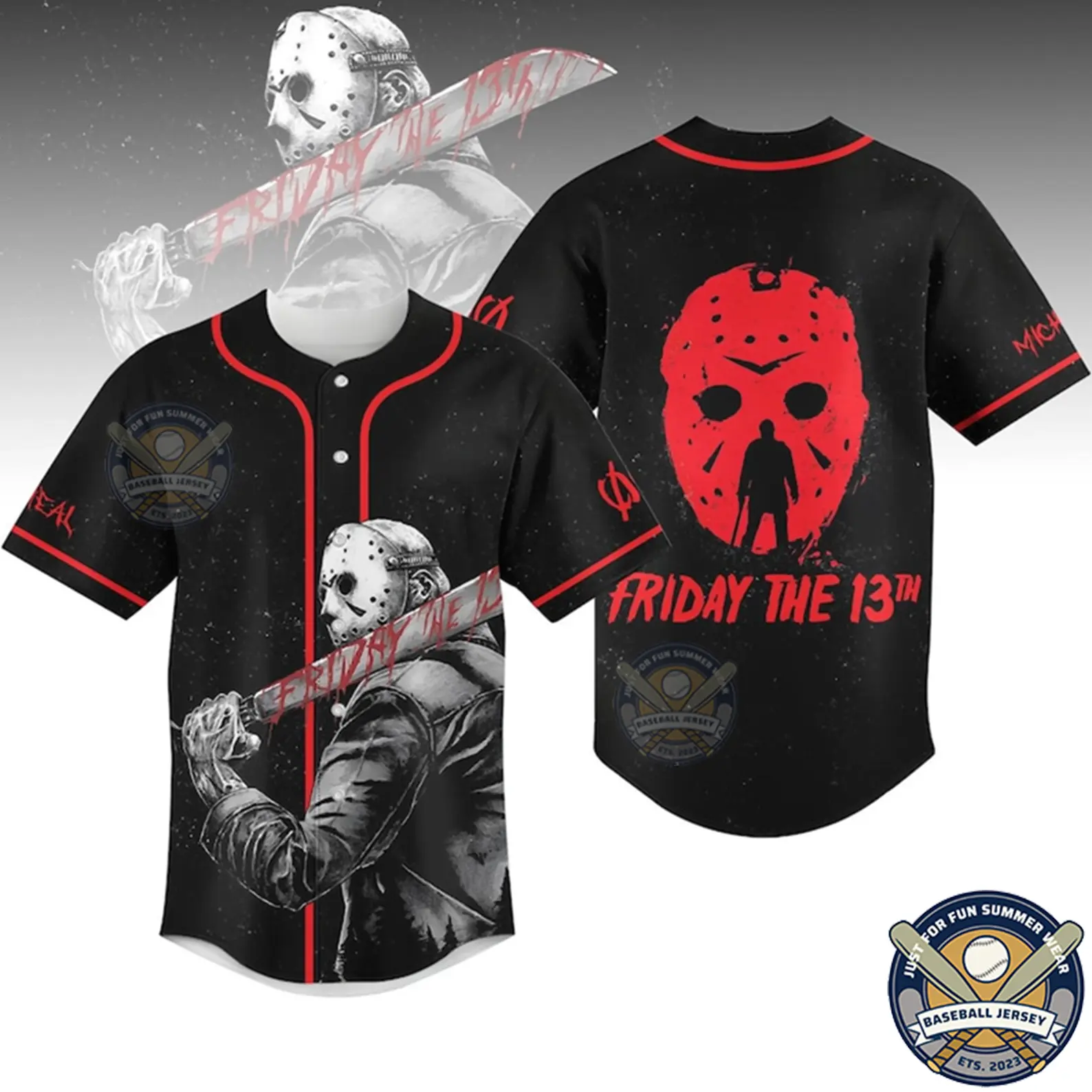 Jason Voorhees Friday The 13th Personalized Baseball Jersey Custom Name Number Black Red Button Shirt Axe Horror Movie Fan Gift Lightweight Breathable Short Sleeve Casual Streetwear Top for Men and Women