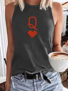 Women's Poker Q Heart Sleeveless Tank Top, Casual Elastic Round Neck Shirt, Breathable Fabric, Summer Fashion, Womenswear