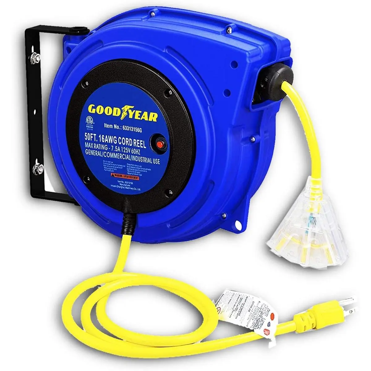 212 MAIN Retractable Extension Cord Reel, 50 ft Polypropylene Cord, 7.5A Max Current, LED Lights Feature