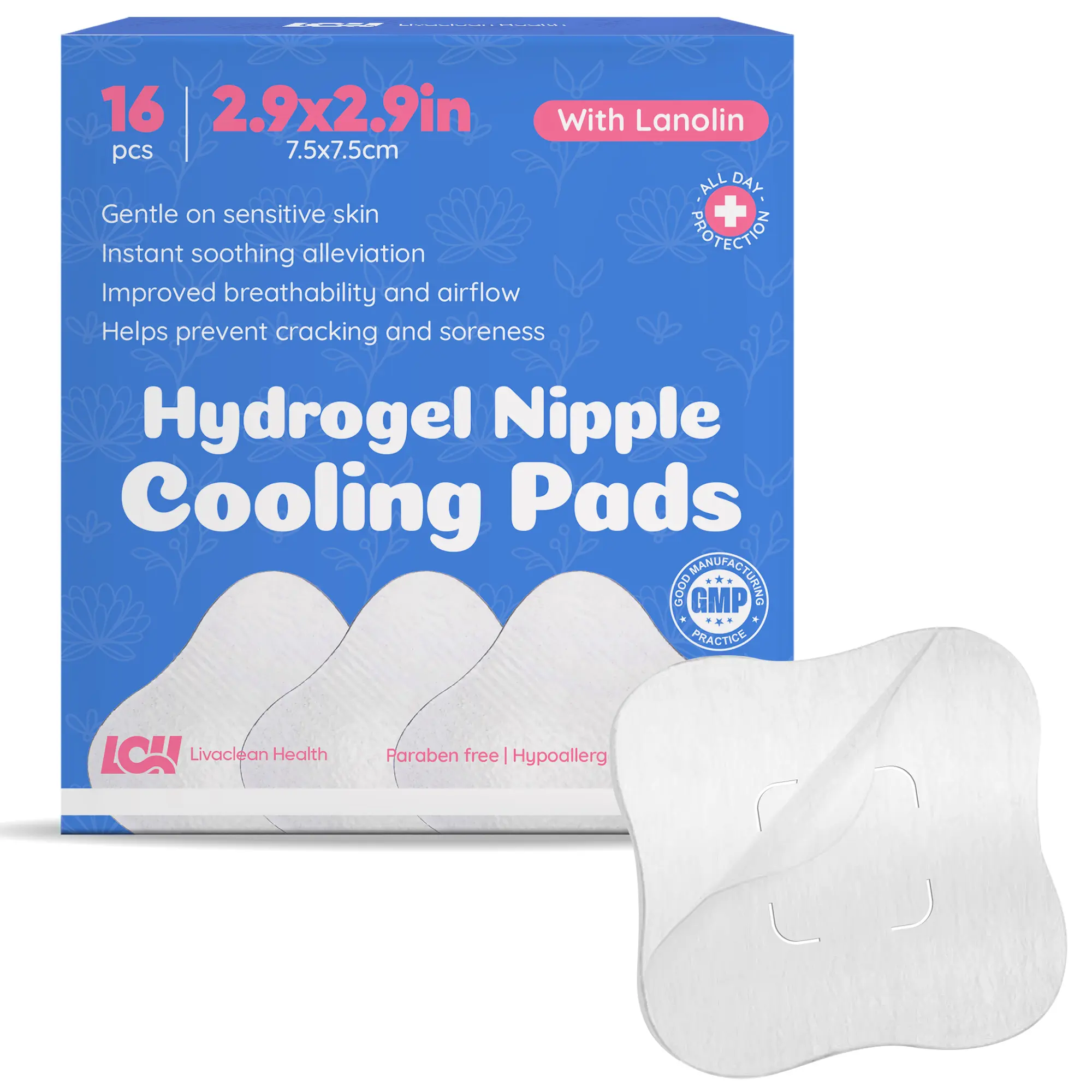 Livaclean Health 16CT Reusable Hydrogel Nipple Pads with Lanolin - 3x3in Cooling, Soothing for Sore Nipples, Nursing Essentials with Airflow Cutout for Postpartum Moms, Breast Pads, Sensitive Skin