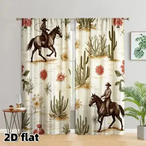 2D Flat 2Pcs Western Cowboy Horse Curtains Desert Cactus Pattern Window Drapes Rustic Southwestern Decor Rod Pocket Design Semi Sunshade Polyester Fiber Suitable for Living Room Bedroom Kitchen Home Decoration Easy to Clean