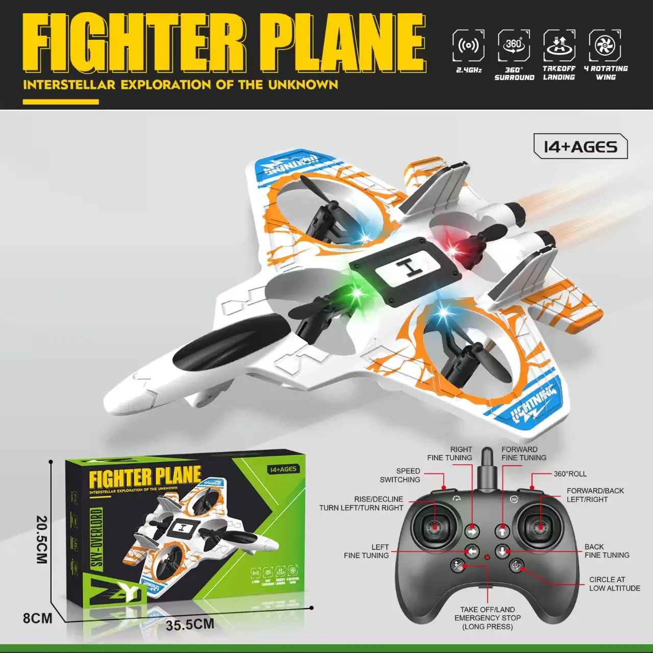 Unisex EPP Foam Remote Control Aircraft - Battery-Powered RC Plane Kids' Flying Toy with LED Lights, Altitude Hold, 360° Stunt Rotations, Speed Adjustment, Indoor & Outdoor Use