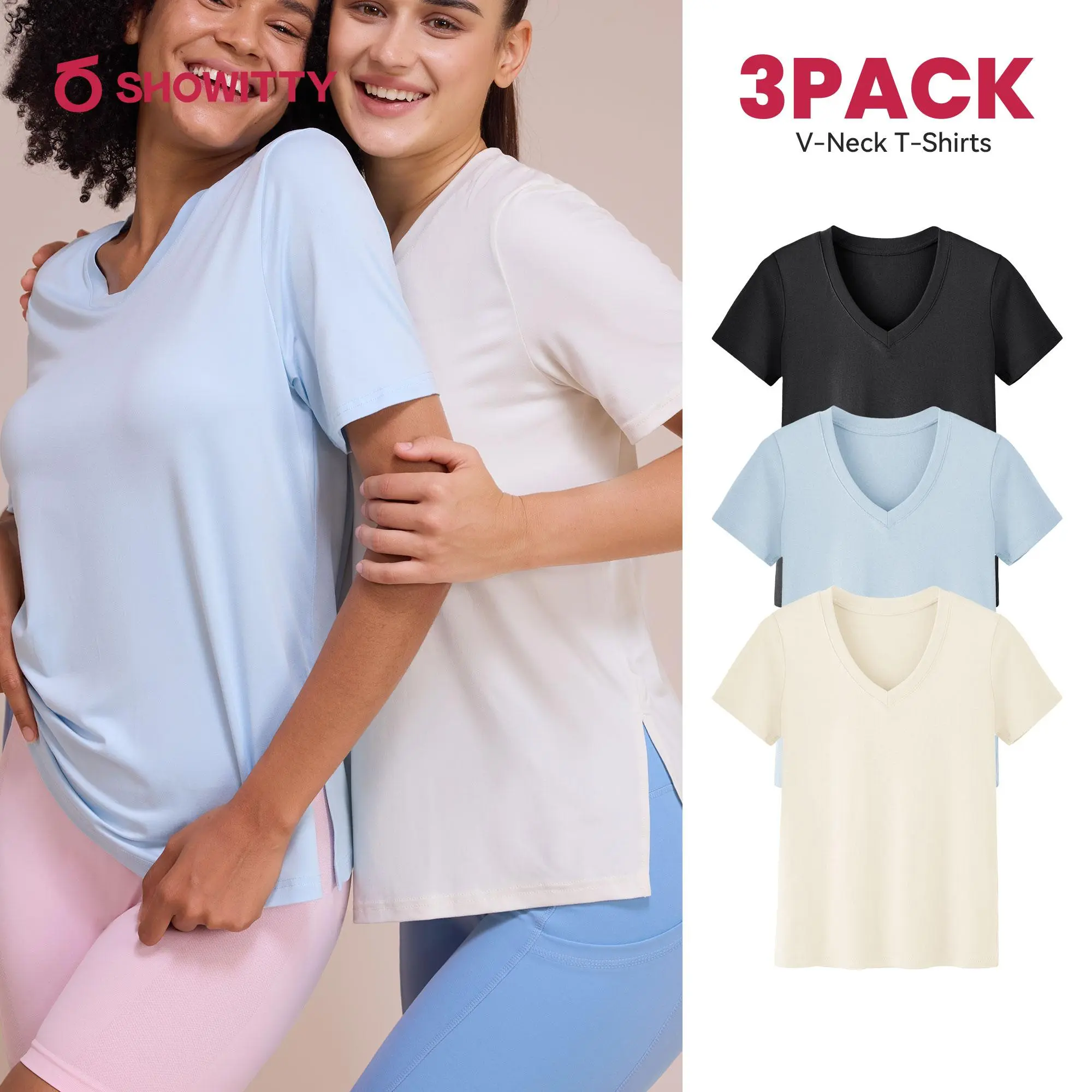 SHOWITTY 3 Pack Women's Plus Size T-Shirts - ‌Lightweight Casual V-Neck Tops for Summer‌, ‌Breathable Loose Fit‌, Comfortable Basic Tees